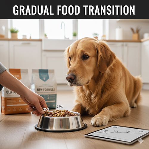 Chó Golden đang ăn bát hạt có trộn tỷ lệ thức ăn cũ và mới, minh họa quá trình đổi thức ăn từ từ