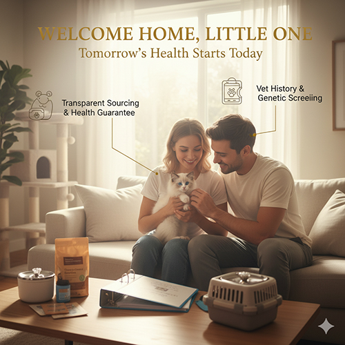 Cặp đôi ôm mèo Ragdoll con trong phòng khách, bên cạnh hồ sơ, đồ ăn và carrier – minh họa chọn nguồn uy tín.