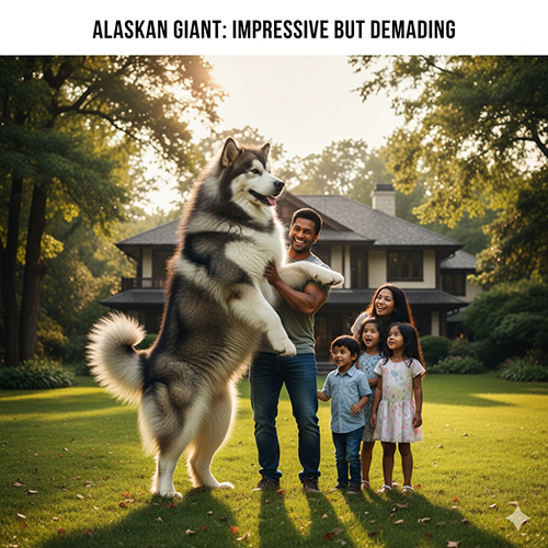 Chó Alaska Giant đứng cao lớn bên gia đình trong sân vườn rộng, minh họa kích thước vượt trội và yêu cầu không gian nuôi lớn