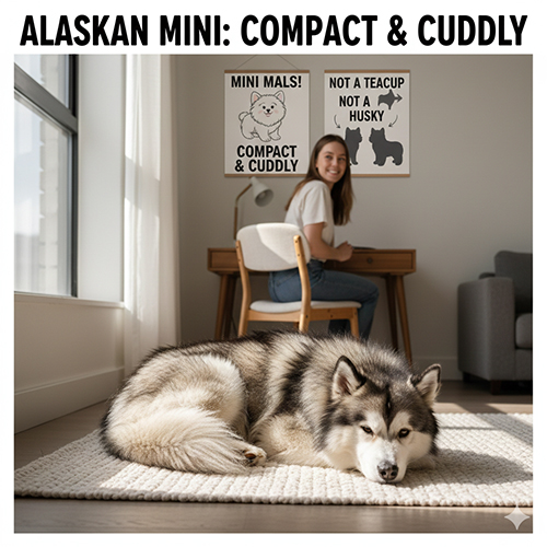 Chó Alaska Mini pet size nằm thư giãn trong căn hộ, minh họa vóc dáng nhỏ gọn và phù hợp nuôi trong nhà