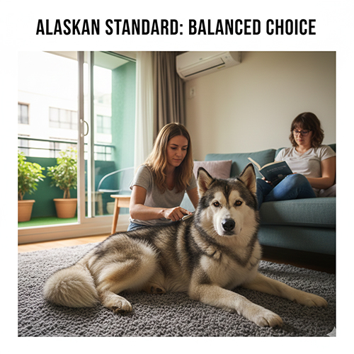 Chó Alaska Standard nằm thư giãn trong phòng khách căn hộ, minh họa kích thước cân đối và phù hợp nuôi gia đình
