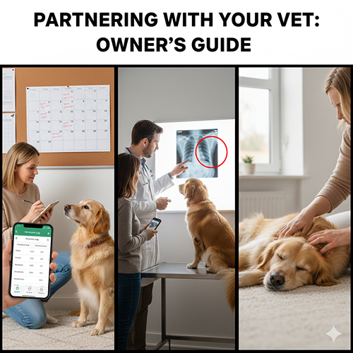 Chủ chó Golden ghi chép sức khỏe, bác sĩ xem X-quang và kiểm tra bé – minh họa cách phối hợp với thú y