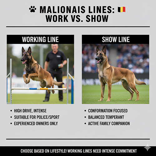 Infographic so sánh working line và show line chó Béc Bỉ Malinois theo drive, tính cách và vai trò