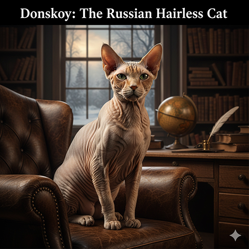 Mèo Donskoy ngồi trên ghế da trong phòng làm việc cổ điển, thể hiện gương mặt gân guốc và nếp má sâu đặc trưng