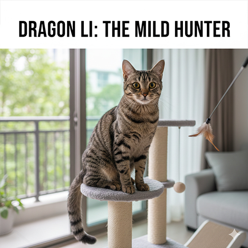 Mèo Dragon Li Chinese Li Hua đứng trên cat tree trong nhà, lông tabby nâu xám, dáng săn mồi