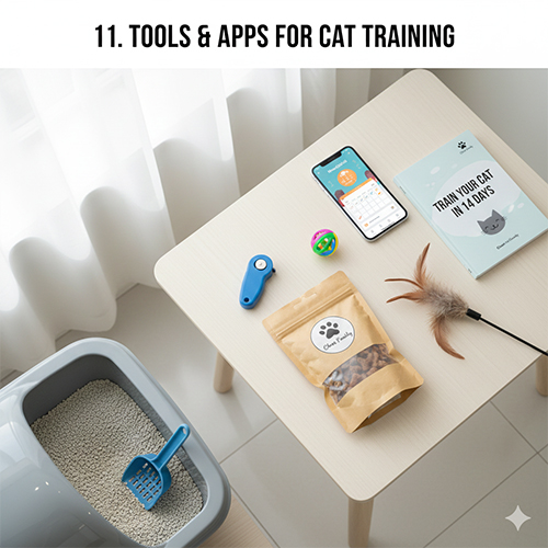 Dụng cụ và ứng dụng hỗ trợ huấn luyện mèo như clicker, bánh thưởng và app theo dõi