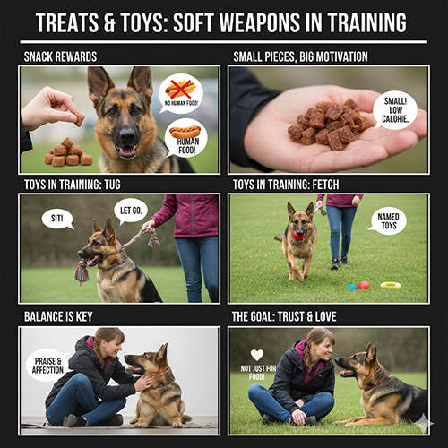 Sử dụng thức ăn và đồ chơi khi huấn luyện chó Becgie Đức đúng cách