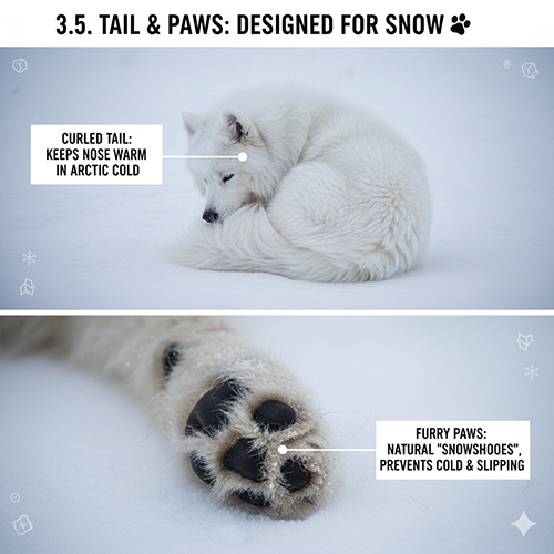 Samoyed nằm cuộn đuôi che mũi và cận cảnh bàn chân nhiều lông như giày tuyết