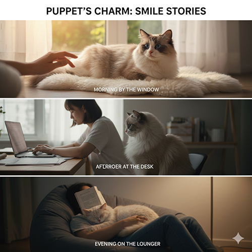 Ba khoảnh khắc đời thường với mèo Ragdoll: nằm bên cửa sổ, ngồi cạnh bàn làm việc và nằm cùng chủ trên ghế lười