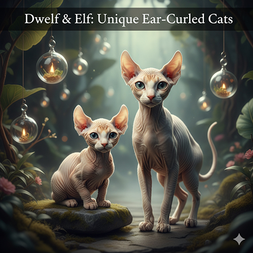 Hai mèo Dwelf và Elf tai cuộn trong khung cảnh huyền ảo, minh họa nhóm mèo không lông có tai cong độc đáo