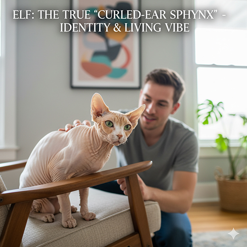 Mèo Elf tai cuộn ngồi trên ghế cùng người nuôi, minh họa nhận diện và tính cách của dòng Elf.