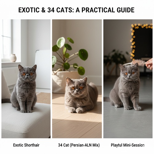So sánh mèo Exotic Shorthair xám và mèo 34 xám với ví dụ chụp high-key, nội thất tối giản và phiên chơi mini