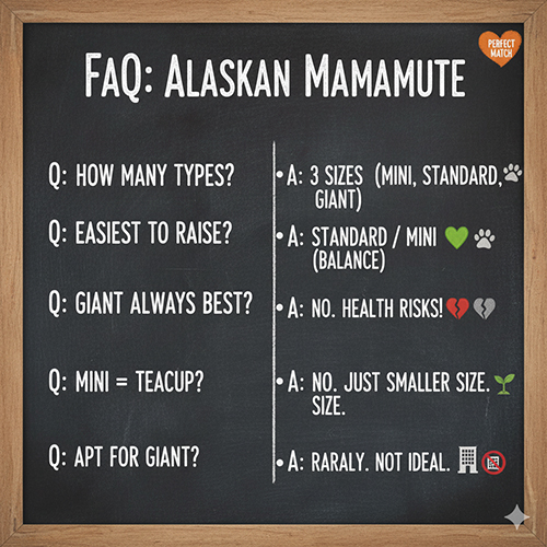 Bảng FAQ minh họa các câu hỏi thường gặp về dòng chó Alaska Standard, Giant và Mini