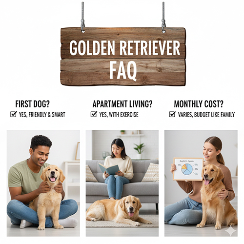 Ba hình minh họa người nuôi chó Golden Retriever trong các tình huống thường gặp, dùng cho mục FAQ nhanh về cách nuôi Golden