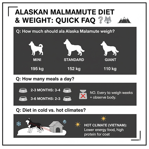 FAQ nhanh về cân nặng và khẩu phần ăn cho chó Alaska theo size và độ tuổi
