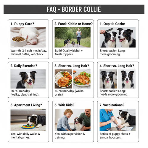 faq câu hỏi thường gặp khi nuôi chó border collie về ăn uống vận động lông và sức khỏe