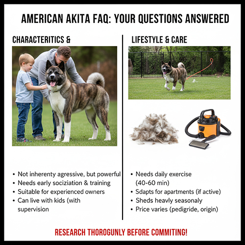 Minh họa FAQ về Akita Mỹ với các câu hỏi phổ biến về tính cách, chăm sóc và lối sống