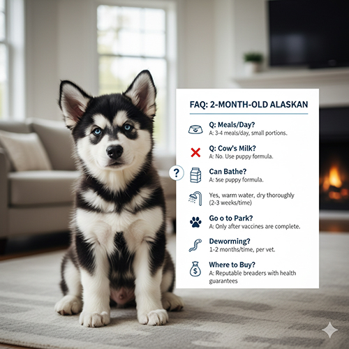 Chó Alaska 2 tháng tuổi ngồi trong nhà, minh họa các câu hỏi thường gặp khi nuôi Alaska con