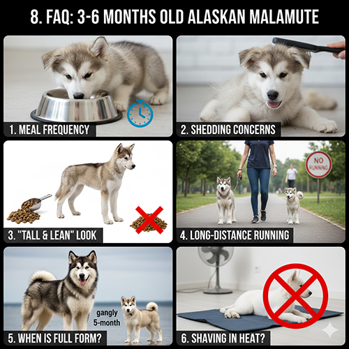 FAQ nhanh về chó Alaska 3–6 tháng tuổi liên quan ăn uống rụng lông vận động và form dáng