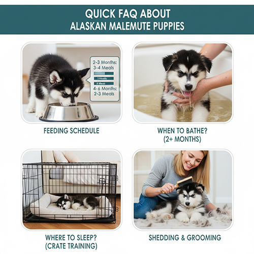 Giải đáp các câu hỏi thường gặp về chó Alaska con như ăn uống, tắm rửa, ngủ nghỉ và rụng lông