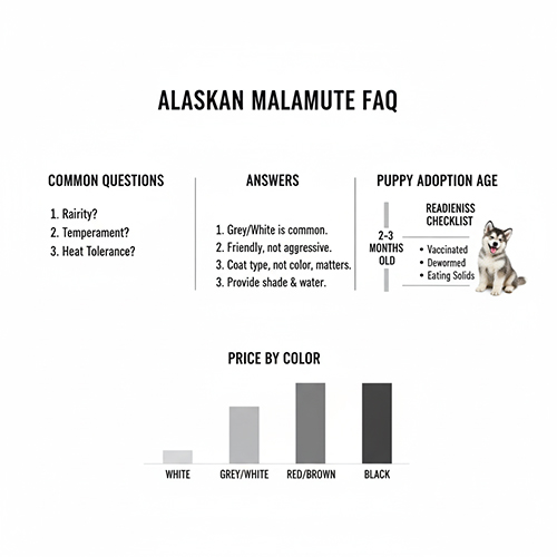 FAQ về chó Alaska xám trắng gồm độ hiếm, tính cách, khả năng chịu nóng và độ tuổi nhận nuôi