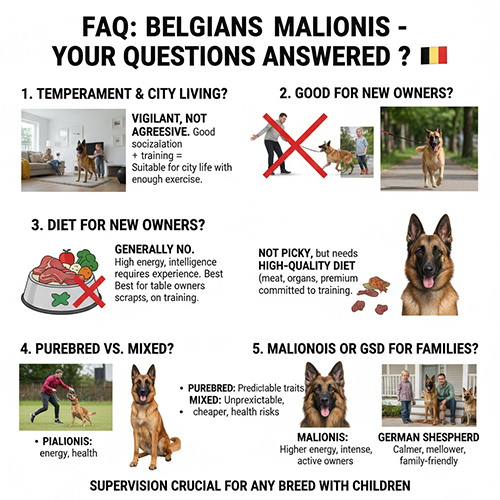 Infographic FAQ về chó Béc Bỉ Malinois: tính cách, người mới nuôi, chế độ ăn, thuần chủng hay lai và so sánh với Becgie Đức