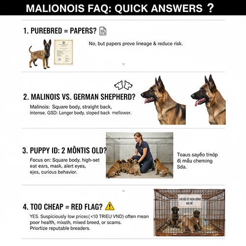 Hình FAQ minh họa các câu hỏi nhanh về chó Becgie Bỉ thuần chủng như giấy tờ, phân biệt với Bec Đức, cách nhận biết chó con và cảnh báo giá rẻ