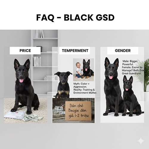 Ảnh tổng hợp các chủ đề FAQ về chó Becgie đen: giá, tính cách và giới tính