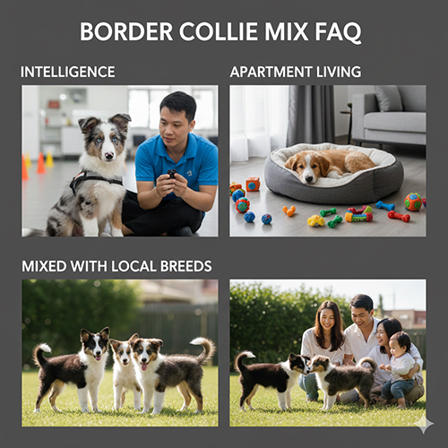 Ảnh tổng hợp các chủ đề FAQ về chó Border Collie lai: trí thông minh, sống căn hộ, lai với chó ta và nhu cầu huấn luyện.