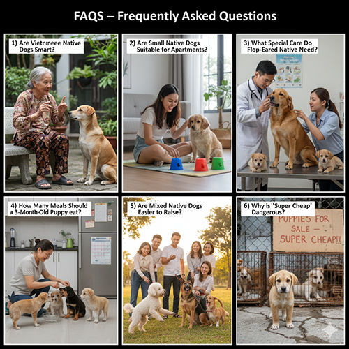 Bộ ảnh tổng hợp các tình huống hỏi – đáp về chó cỏ Việt Nam như tính cách, môi trường sống, chăm sóc tai, ăn uống và rủi ro khi mua giá rẻ.