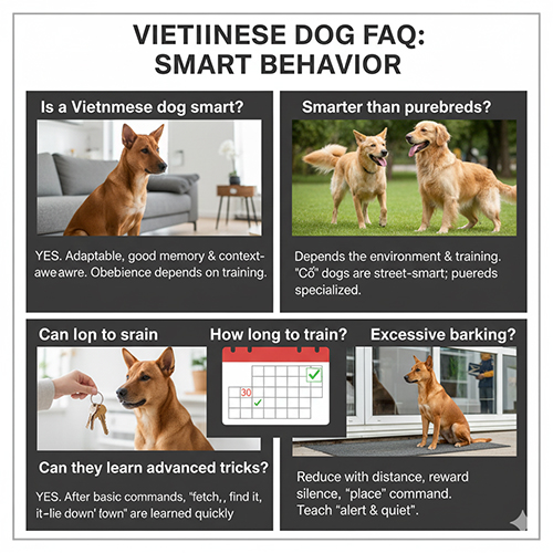 Bảng hỏi đáp về chó cỏ thông minh gồm các chủ đề: mức độ thông minh, so sánh với chó kiểng, thời gian huấn luyện và cách xử lý sủa nhiều.