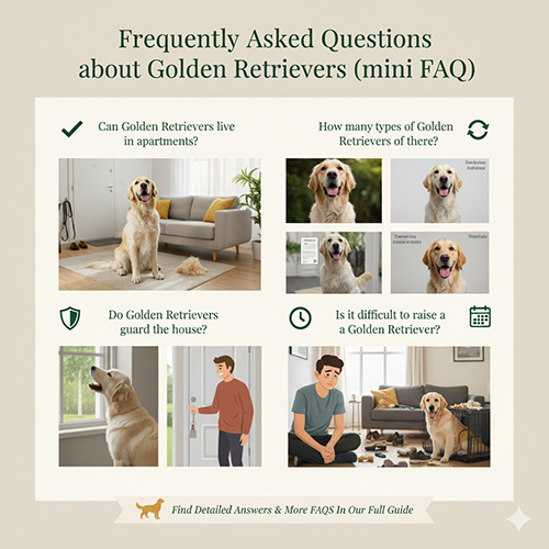 Infographic câu hỏi thường gặp về chó Golden Retriever trong căn hộ, phân loại, khả năng giữ nhà và độ khó khi nuôi 🐶