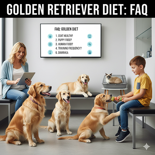 Nhiều chó Golden và chủ đang trao đổi về các câu hỏi thường gặp liên quan đến chế độ ăn cho Golden