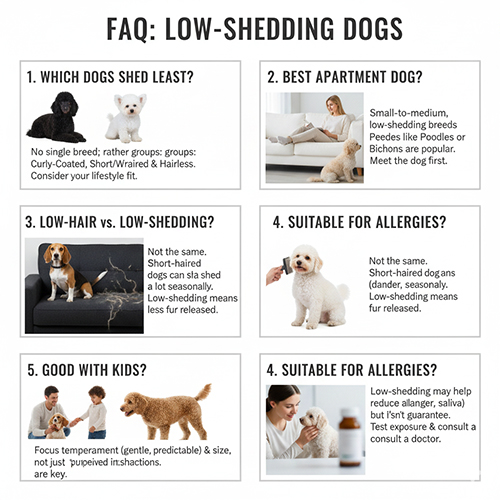 Infographic FAQ về chó ít rụng lông: chó rụng ít nhất, chó nuôi chung cư, phân biệt ít lông vs ít rụng, phù hợp người dị ứng và nhà có trẻ nhỏ