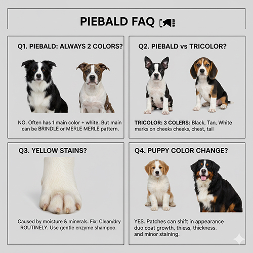 Infographic FAQ chó khoang piebald: 2 màu, phân biệt tricolor, xử lý ố vàng và chó con đổi màu