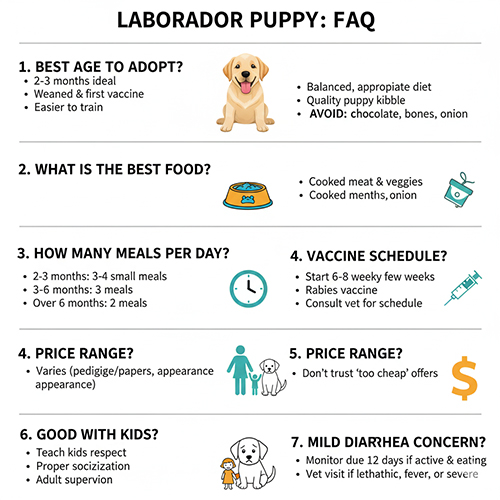 Câu hỏi thường gặp về chó Labrador con liên quan đến tuổi, ăn uống, tiêm phòng và giá bán