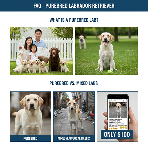 Ảnh tổng hợp các tình huống FAQ: gia đình với đàn Lab thuần, Labrador thuần đứng trên cỏ, Lab lai và tin rao giá rẻ dễ gây hiểu lầm.