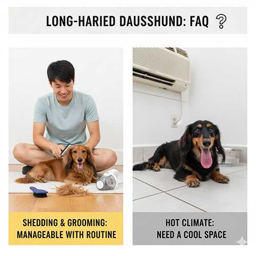 Hai bé Dachshund lông dài trong cảnh được chải lông và nằm nghỉ cạnh máy lạnh
