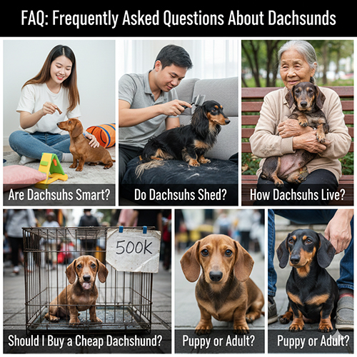 Bộ ảnh minh họa các câu hỏi thường gặp về chó Lạp Xưởng gồm thông minh, rụng lông, tuổi thọ và mua chó giá rẻ