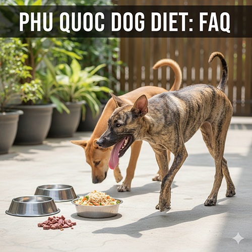 Hai chú chó Phú Quốc đang ăn thức ăn trong sân, cạnh đó là bát hạt và thịt cắt nhỏ – minh họa các câu hỏi thường gặp về chế độ ăn.