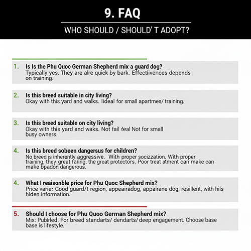 Bảng câu hỏi nhanh FAQ về chó Phú Quốc lai Becgie trình bày dạng checklist màu xanh – vàng – đỏ