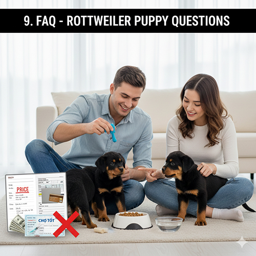 Gia đình chăm sóc và cho chó Rottweiler con ăn tại nhà, minh họa các câu hỏi thường gặp