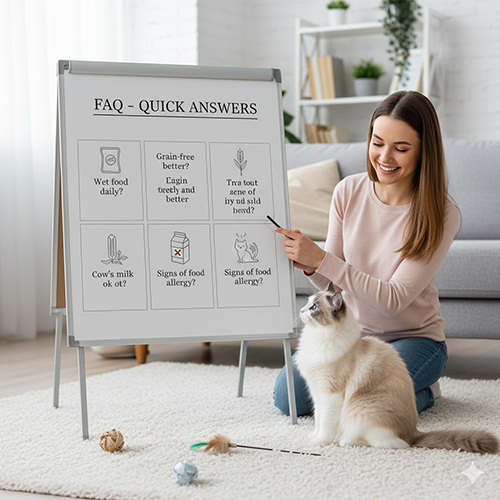 FAQ dinh dưỡng mèo Ragdoll với các câu hỏi nhanh về ăn ướt, sữa bò, dị ứng, grain-free và lịch đổi thức ăn