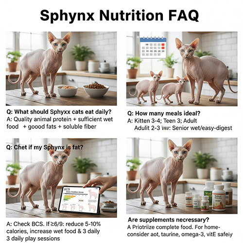 Bộ ảnh 4 khung minh họa các câu hỏi dinh dưỡng thường gặp cho mèo Sphynx về khẩu phần, số bữa, thừa cân và bổ sung.