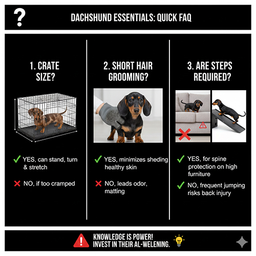 FAQ nhanh về đồ dùng cho chó Lạp xưởng gồm kích thước chuồng, grooming lông ngắn và nhu cầu dùng bậc thang