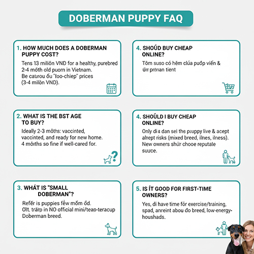 Bảng FAQ giải đáp các câu hỏi phổ biến về chó Doberman con