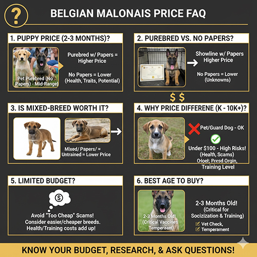 Ảnh FAQ nhanh về giá chó Béc Bỉ Malinois: giá chó con, thuần vs không giấy, chó lai, lý do chênh giá, ngân sách hạn chế và tuổi đẹp để mua