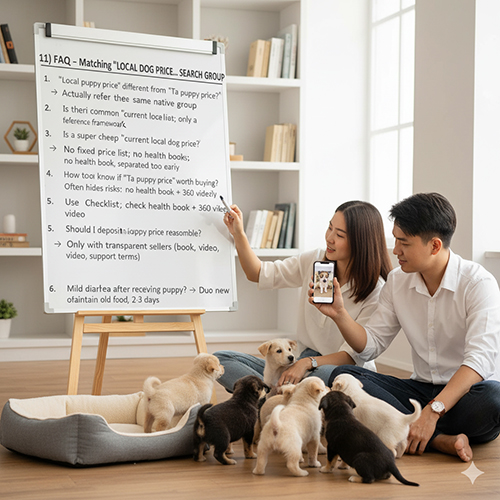 Cặp đôi trẻ cùng bảy chú chó con trước bảng ghi các câu hỏi thường gặp về giá chó cỏ con, người phụ nữ chỉ tay giải thích khi người đàn ông cầm điện thoại xem.