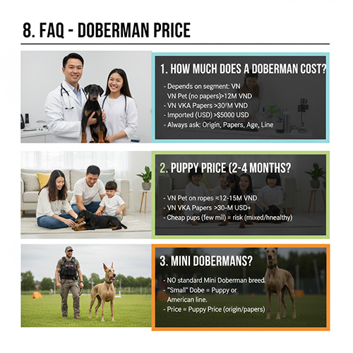 Ảnh minh họa ba chủ đề FAQ: giá Doberman theo phân khúc, giá chó con và sự thật về “Doberman mini”