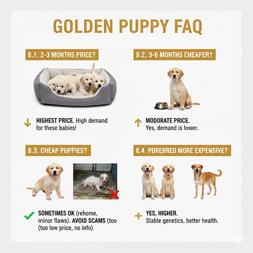 Infographic FAQ giá chó Golden con với các câu hỏi về giá 2–3 tháng, 3–6 tháng, chó Golden con giá rẻ và Golden thuần chủng